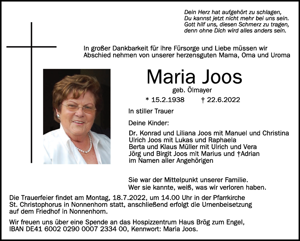  Traueranzeige für Maria Joos vom 28.06.2022 aus Schwäbische Zeitung