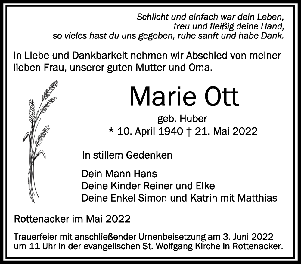  Traueranzeige für Marie Ott vom 01.06.2022 aus Schwäbische Zeitung
