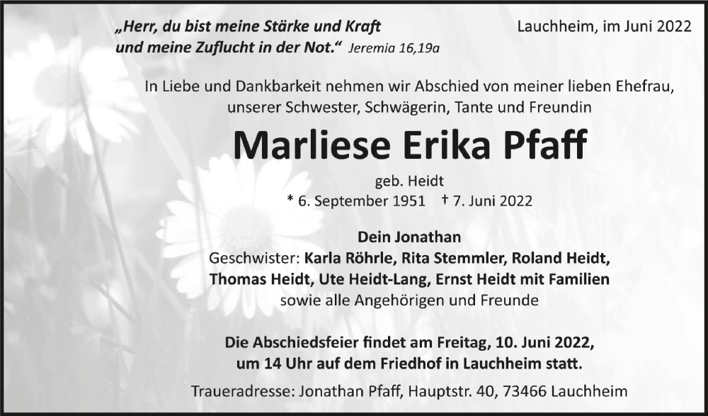  Traueranzeige für Marliese Erika Pfaff vom 09.06.2022 aus Schwäbische Zeitung