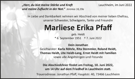 Traueranzeigen von Marliese Erika Pfaff | schwaebische.de Trauerportal