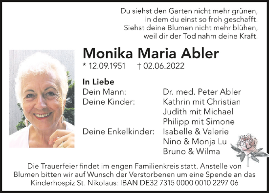 Anzeige von Monika Maria Abler von Schwäbische Zeitung
