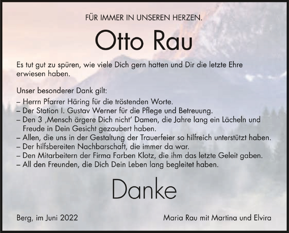  Traueranzeige für Otto Rau vom 04.06.2022 aus Schwäbische Zeitung