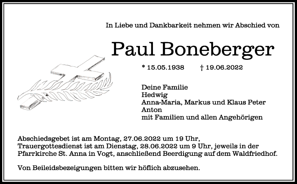  Traueranzeige für Paul Boneberger vom 23.06.2022 aus Schwäbische Zeitung