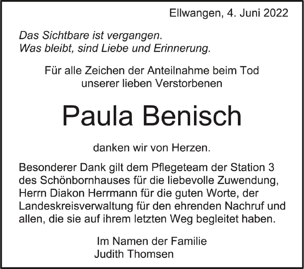  Traueranzeige für Paula Benisch vom 04.06.2022 aus Schwäbische Zeitung