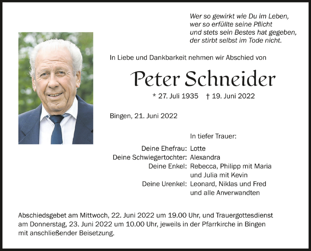  Traueranzeige für Peter Schneider vom 21.06.2022 aus Schwäbische Zeitung