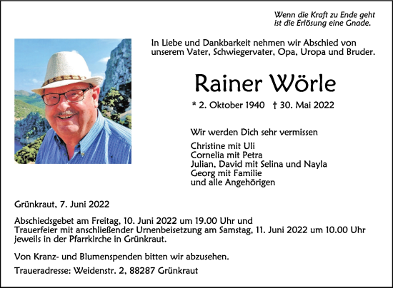 Anzeige von Rainer Wörle von Schwäbische Zeitung