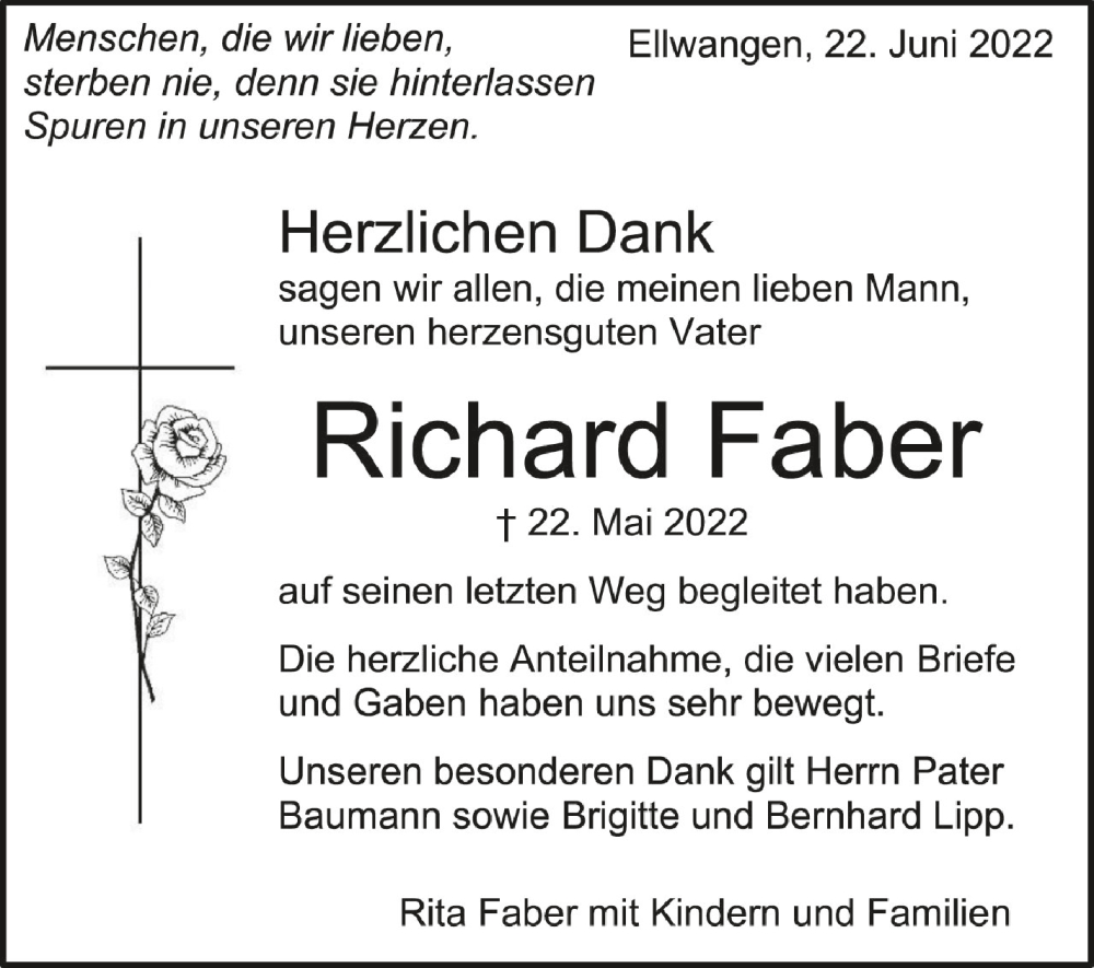  Traueranzeige für Richard Faber vom 22.06.2022 aus Schwäbische Zeitung