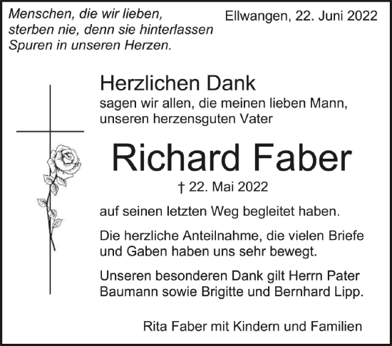 Anzeige von Richard Faber von Schwäbische Zeitung