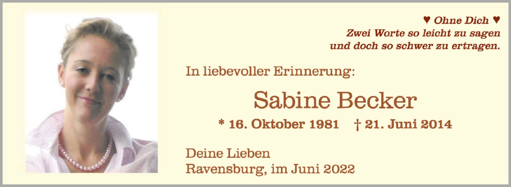  Traueranzeige für Sabine Becker vom 21.06.2022 aus Schwäbische Zeitung