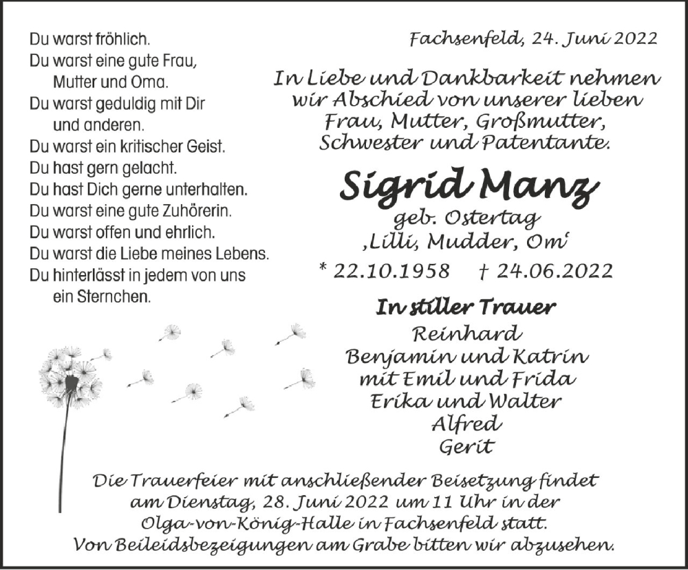  Traueranzeige für Sigrid Manz vom 27.06.2022 aus Schwäbische Zeitung
