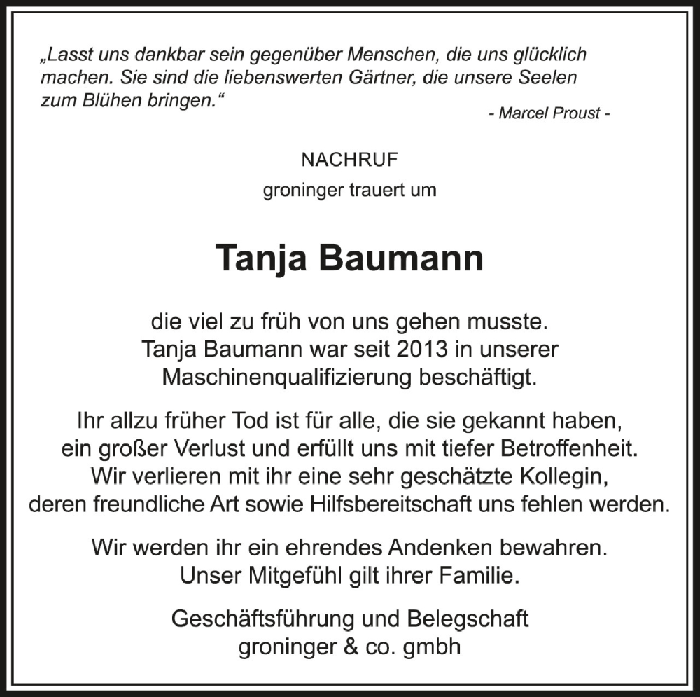  Traueranzeige für Tanja Baumann vom 22.06.2022 aus Schwäbische Zeitung