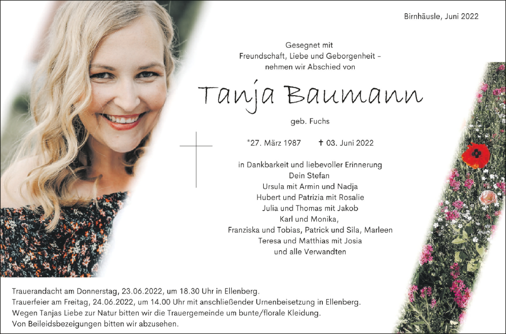  Traueranzeige für Tanja Baumann vom 21.06.2022 aus Schwäbische Zeitung