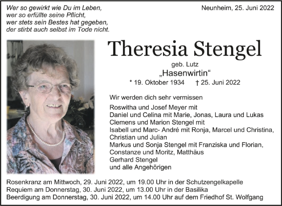 Anzeige von Theresia Stengel von Schwäbische Zeitung