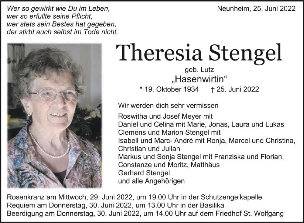  Traueranzeige für Theresia Stengel vom 27.06.2022 aus Schwäbische Zeitung