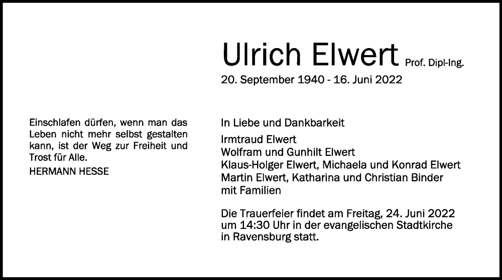  Traueranzeige für Ulrich Elwert vom 22.06.2022 aus Schwäbische Zeitung