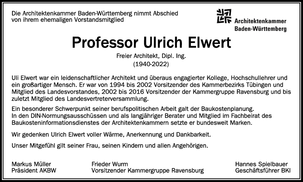  Traueranzeige für Ulrich Elwert vom 24.06.2022 aus Schwäbische Zeitung