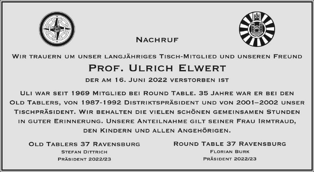  Traueranzeige für Ulrich Elwert vom 23.06.2022 aus Schwäbische Zeitung