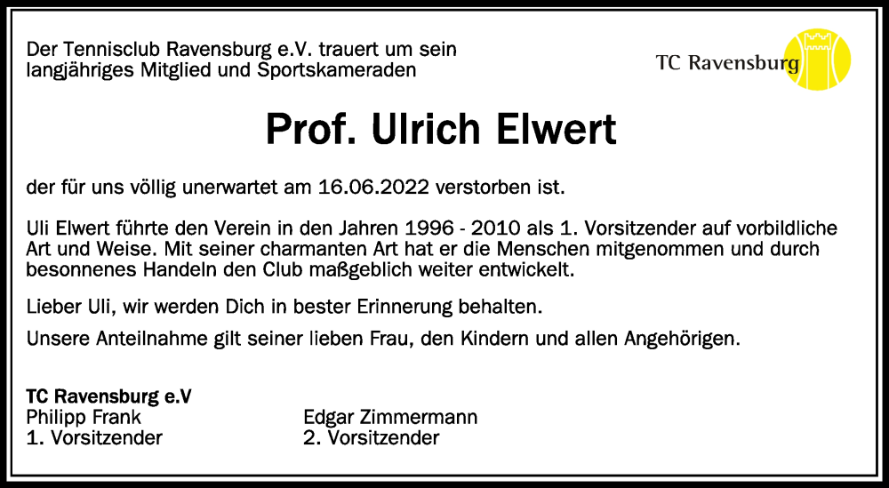  Traueranzeige für Ulrich Elwert vom 25.06.2022 aus Schwäbische Zeitung