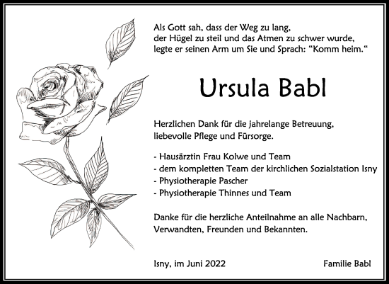 Anzeige von Ursula Babl von Schwäbische Zeitung