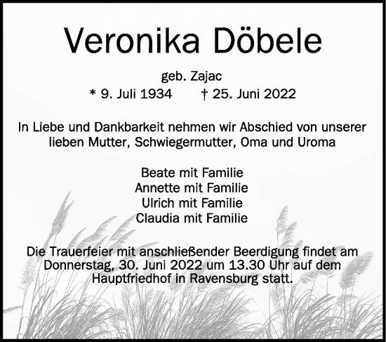 Anzeige von Veronika Döbele von Schwäbische Zeitung
