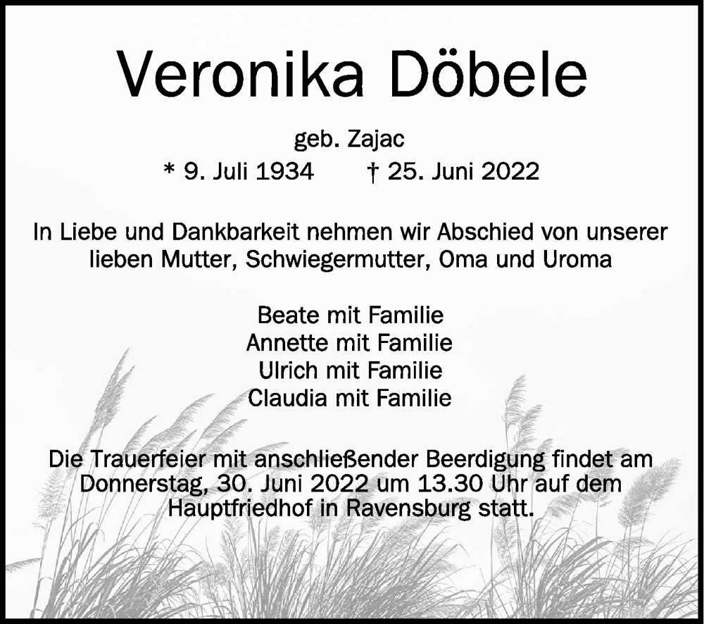  Traueranzeige für Veronika Döbele vom 28.06.2022 aus Schwäbische Zeitung