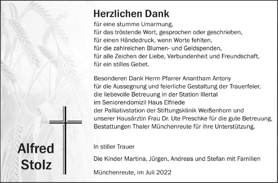 Anzeige von Alfred Stolz von Schwäbische Zeitung