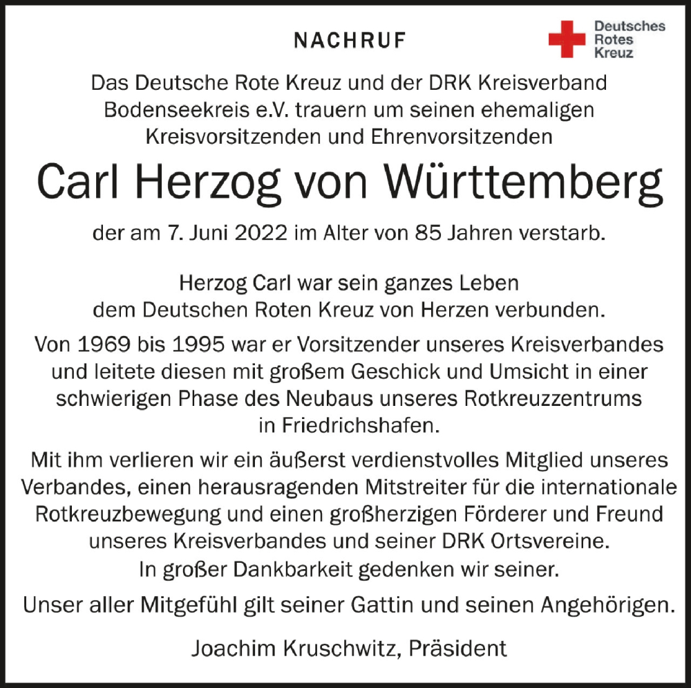  Traueranzeige für Carl Herzog von Württemberg vom 02.07.2022 aus Schwäbische Zeitung