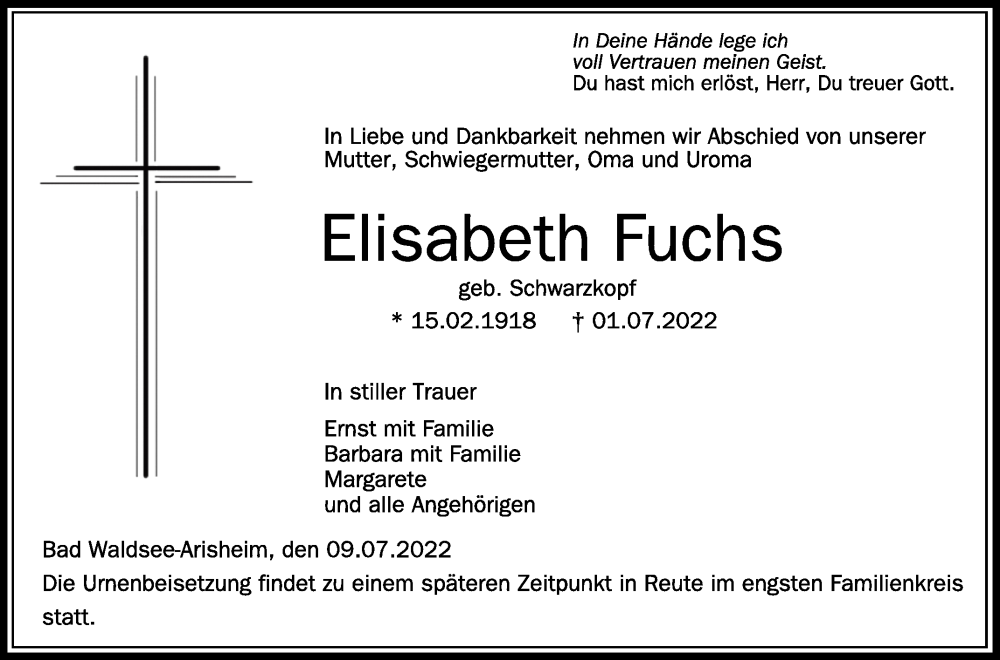  Traueranzeige für Elisabeth Fuchs vom 09.07.2022 aus Schwäbische Zeitung