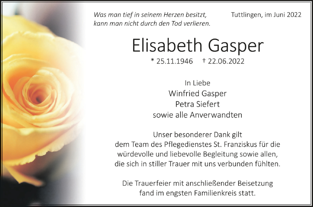  Traueranzeige für Elisabeth Gasper vom 16.07.2022 aus Schwäbische Zeitung