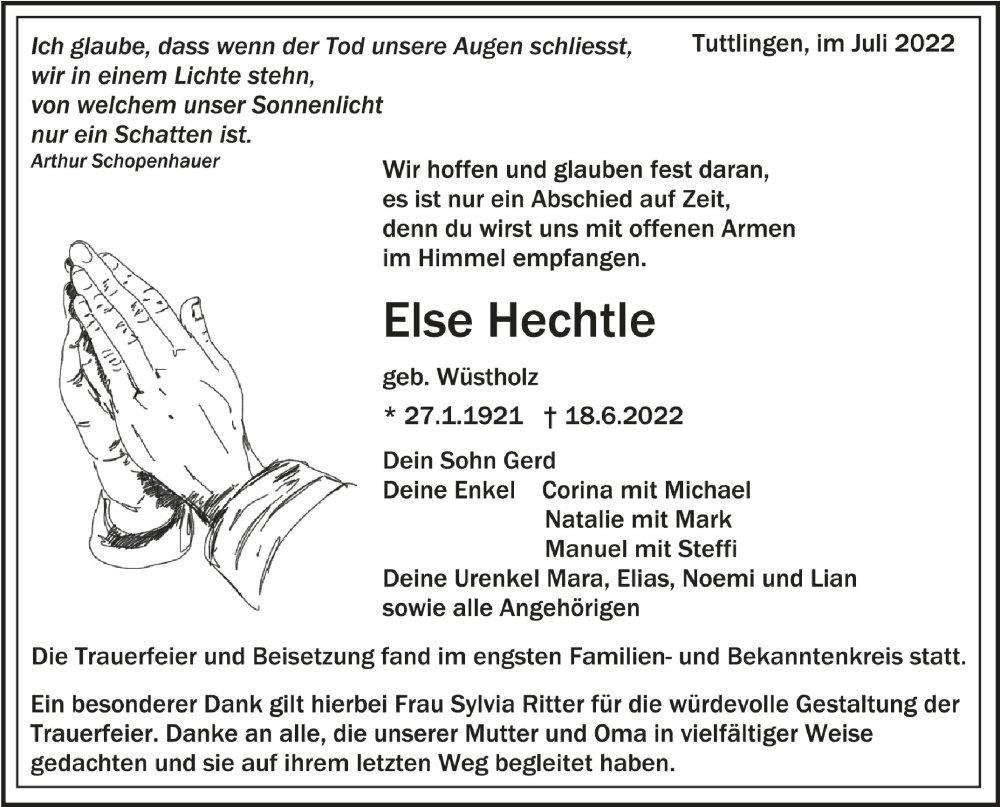  Traueranzeige für Else Hechtle vom 06.07.2022 aus Schwäbische Zeitung