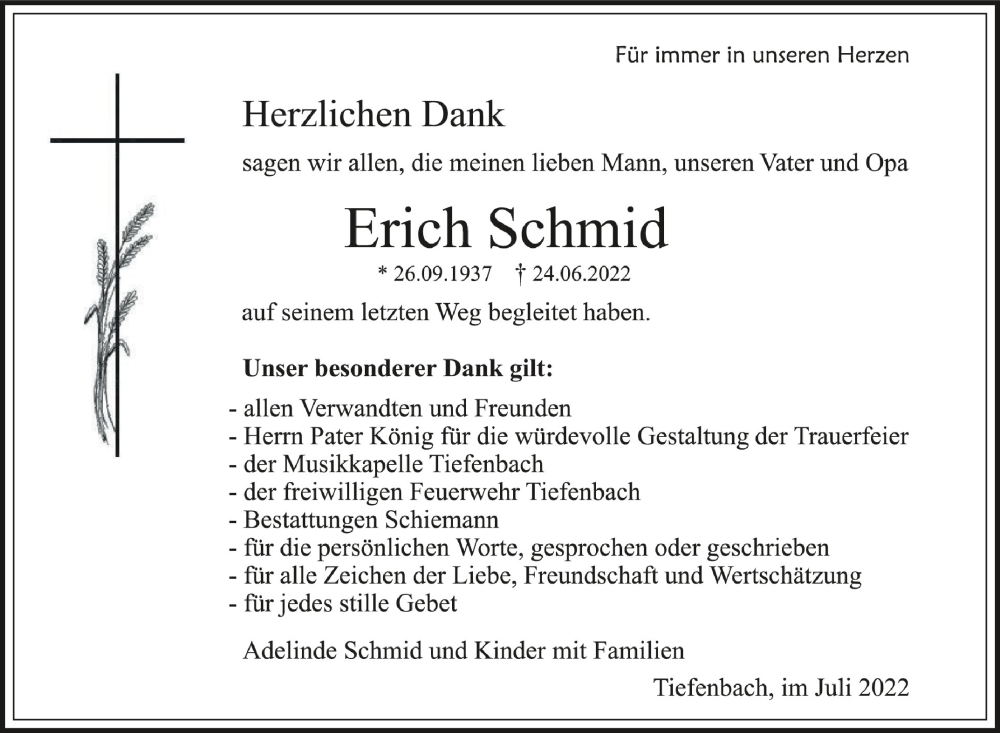  Traueranzeige für Erich Schmid vom 16.07.2022 aus Schwäbische Zeitung