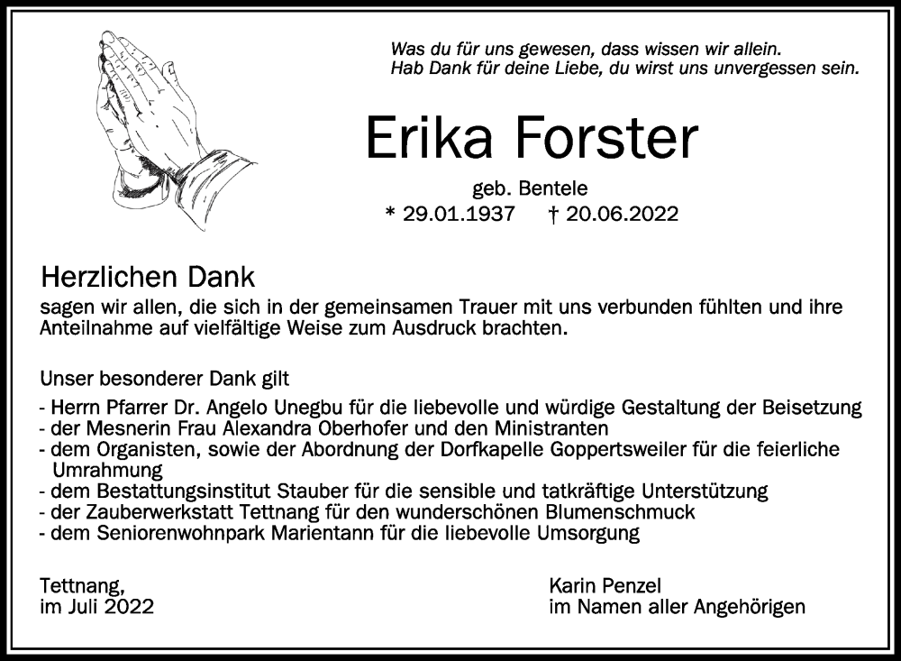 Traueranzeigen Von Erika Forster | Schwaebische.de Trauerportal