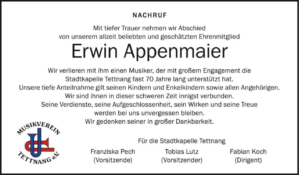  Traueranzeige für Erwin Appenmaier vom 01.07.2022 aus Schwäbische Zeitung