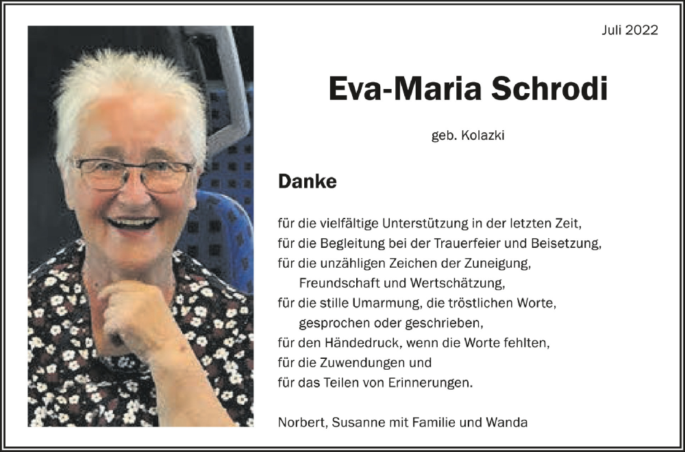 Traueranzeige für Eva-Maria Schrodi vom 23.07.2022 aus Schwäbische Zeitung