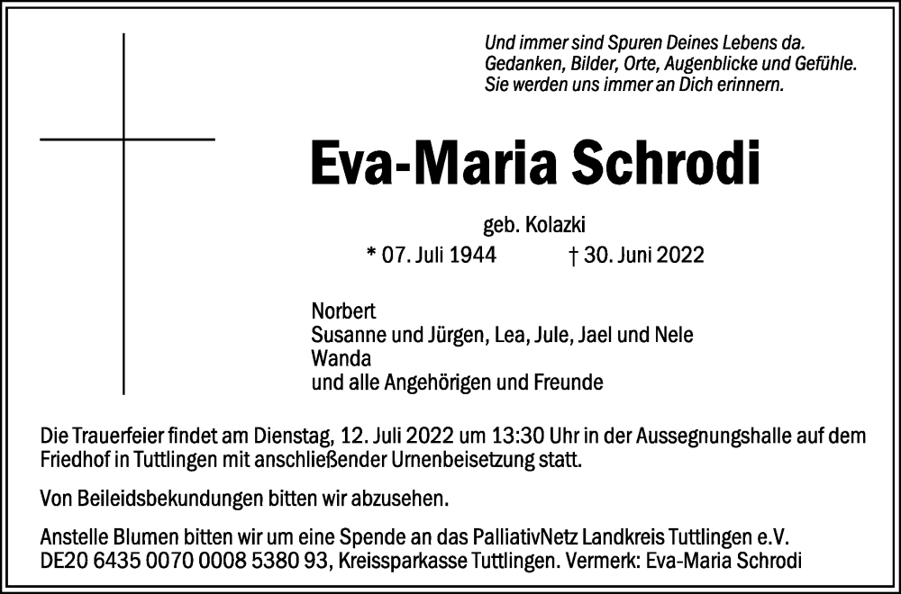  Traueranzeige für Eva-Maria Schrodi vom 09.07.2022 aus Schwäbische Zeitung