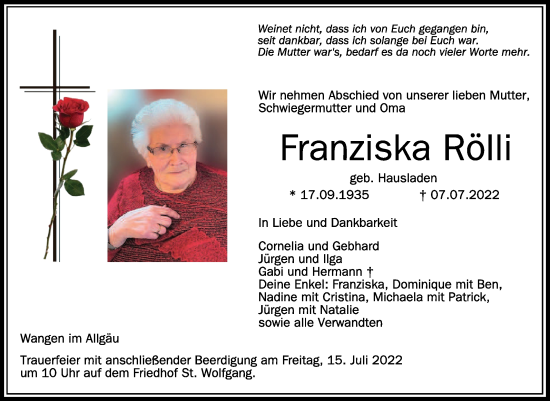 Anzeige von Franziska Rölli von Schwäbische Zeitung