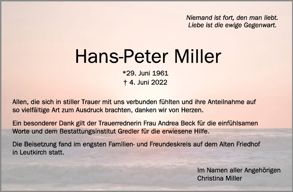  Traueranzeige für Hans-Peter Miller vom 09.07.2022 aus Schwäbische Zeitung