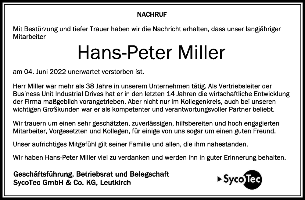  Traueranzeige für Hans-Peter Miller vom 09.07.2022 aus Schwäbische Zeitung