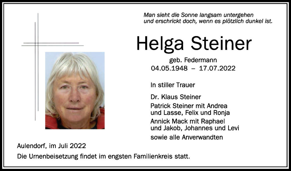 Traueranzeigen von Helga Steiner | schwaebische.de Trauerportal