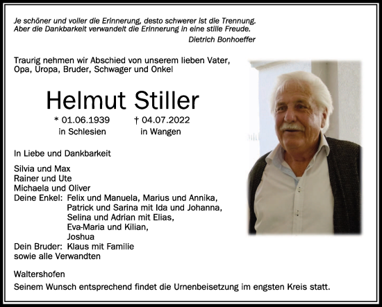 Anzeige von Helmut Stiller von Schwäbische Zeitung