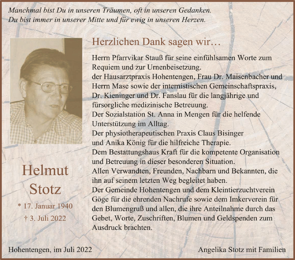  Traueranzeige für Helmut Stotz vom 30.07.2022 aus Schwäbische Zeitung