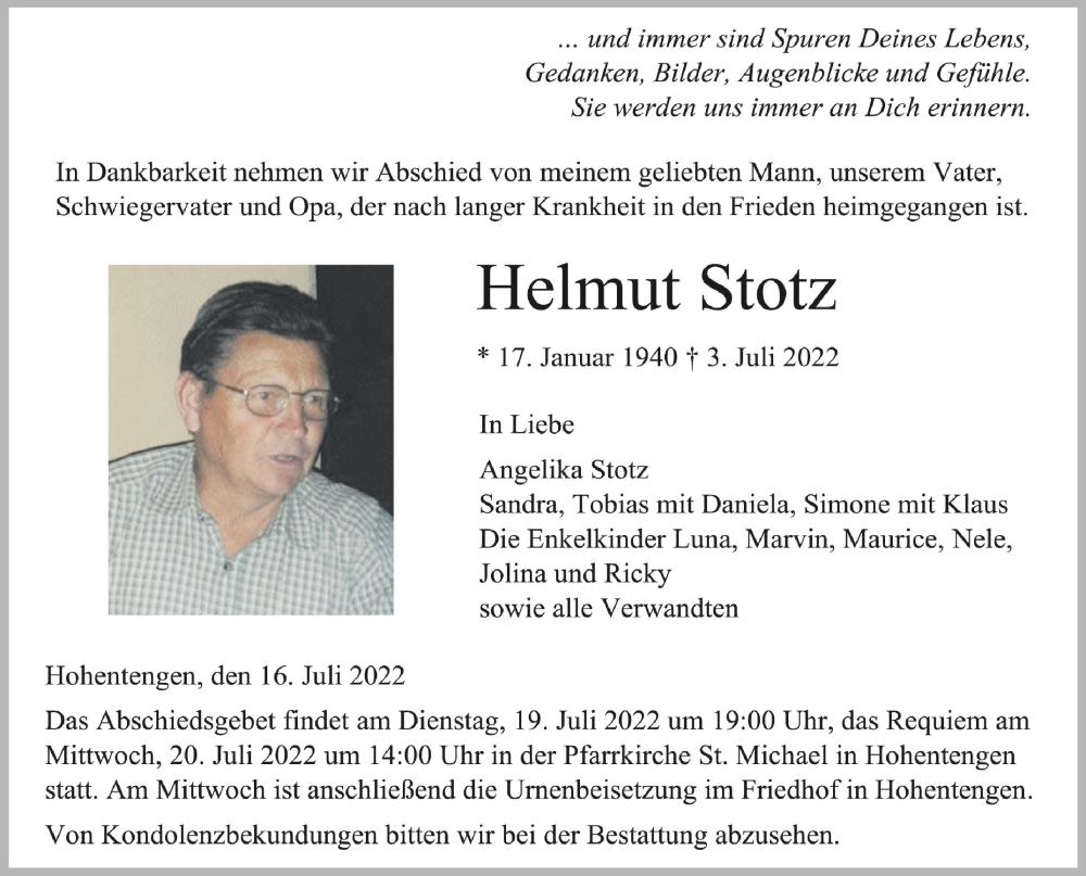  Traueranzeige für Helmut Stotz vom 16.07.2022 aus Schwäbische Zeitung