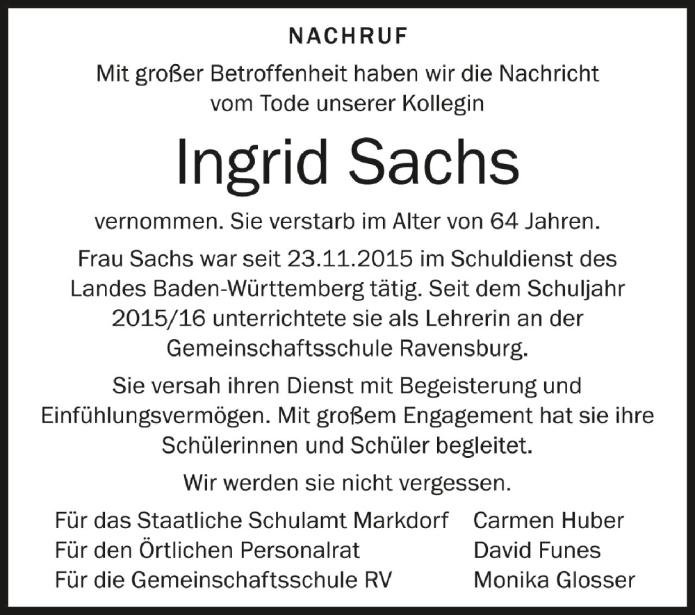  Traueranzeige für Ingrid Sachs vom 23.07.2022 aus Schwäbische Zeitung