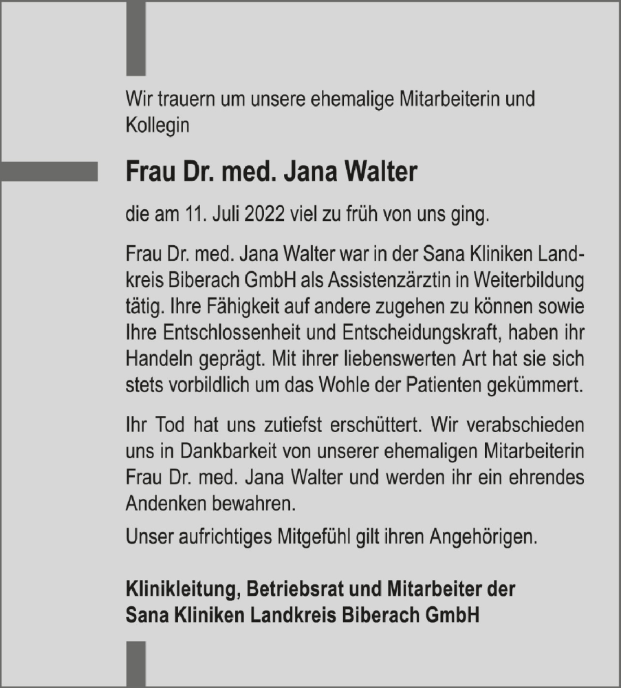  Traueranzeige für Jana Walter vom 28.07.2022 aus Schwäbische Zeitung