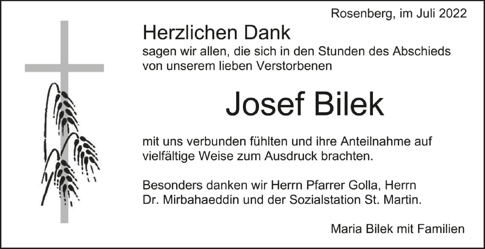  Traueranzeige für Josef Bilek vom 06.07.2022 aus Schwäbische Zeitung