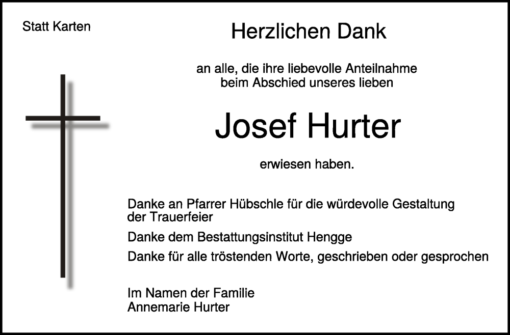  Traueranzeige für Josef Hurter vom 02.07.2022 aus Schwäbische Zeitung