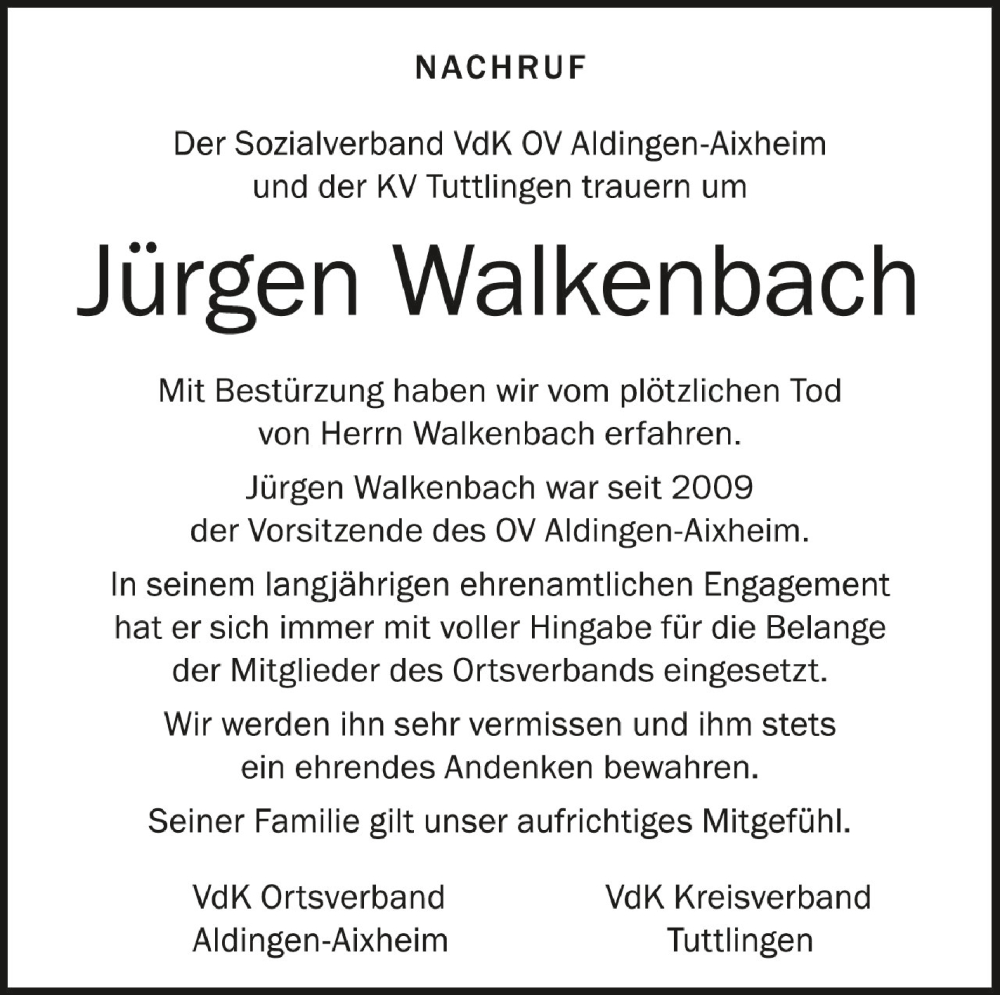  Traueranzeige für Jürgen Walkenbach vom 05.07.2022 aus Schwäbische Zeitung