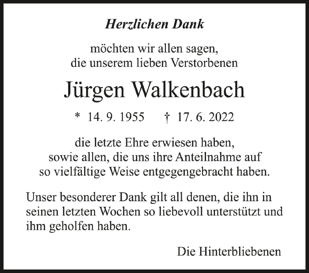  Traueranzeige für Jürgen Walkenbach vom 30.07.2022 aus Schwäbische Zeitung