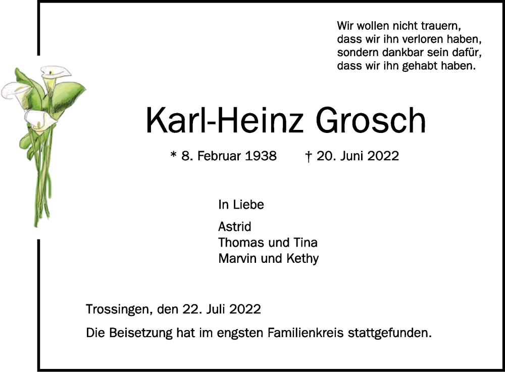  Traueranzeige für Karl-Heinz Grosch vom 22.07.2022 aus Schwäbische Zeitung