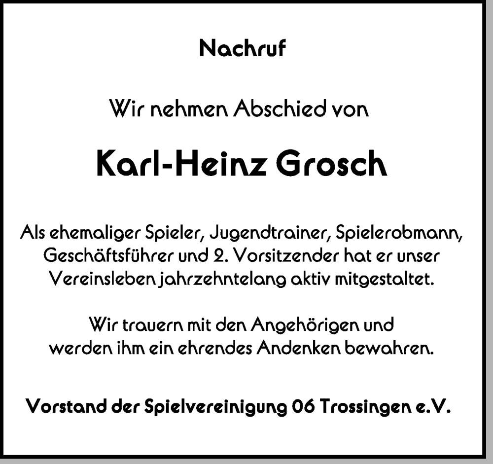  Traueranzeige für Karl-Heinz Grosch vom 27.07.2022 aus Schwäbische Zeitung